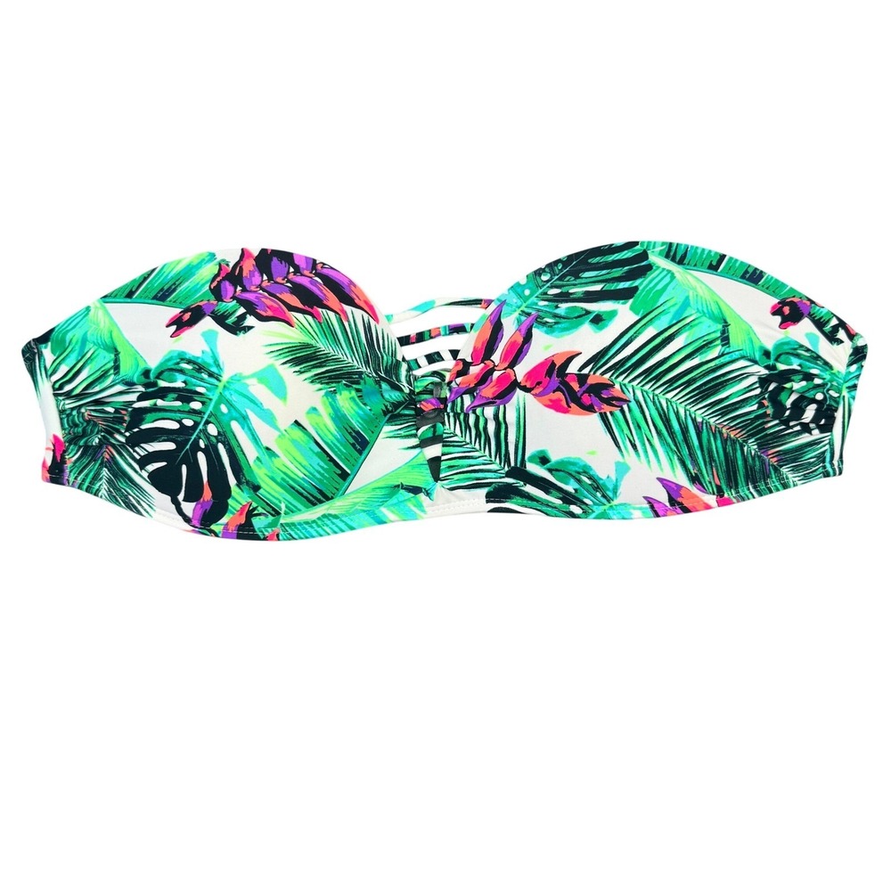 No‎ Boundaries Womens Tropical Floral Bandeau Bikini Top Green Purple XL 15-17